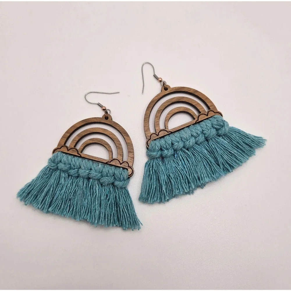 Tassel Earrings Turquoise Fringe Wood Dangle Southwestern Hippie Boho Maximalist